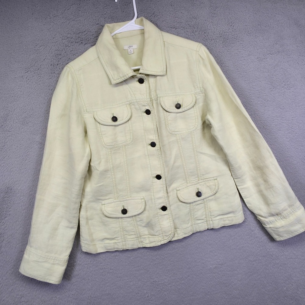 J Jill Jacket Women S Green Yellow Linen Utility Cargo Coastal Old Money Outdoor